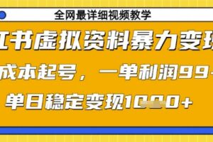小红书虚拟资料暴力变现，0成本起号，一单利润99，单日稳定变现1k【揭秘】