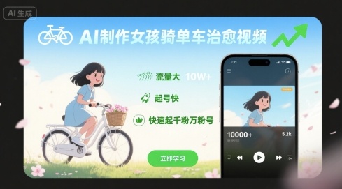 AI制作女孩骑单车治愈视频，流量大，起号快，快速起千粉万粉号