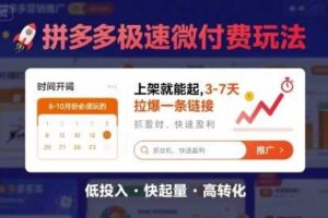 8月26号拼多多极速微付费玩法，8-10月份必须玩的，上架就能起，3-7天拉爆一条链接