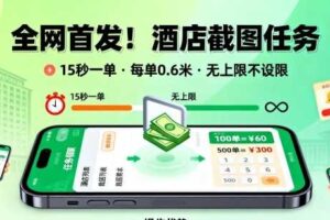 全网首发！酒店截图任务，15秒一单，每单0.6米，任务无上限不设限，矩阵操作单日3张到手【揭秘】