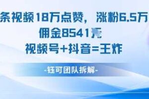 一条视频18W点赞，涨粉6.5W粉佣金8541米，视频号+抖音=王炸