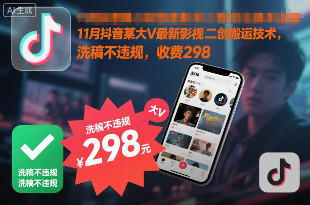 11月抖音某大V最新影视二创搬运技术,洗稿不违规,收费298