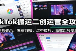 TikTok搬运二创运营全攻略：刷机登录、洗稿剪辑 、过中技巧，高效起号变现