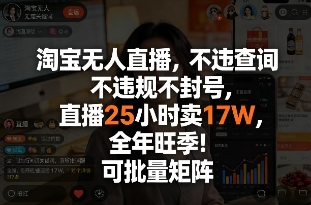 淘宝无人直播，不违规不封号，直播25小时卖17W，全年旺季！可批量矩阵【揭秘】