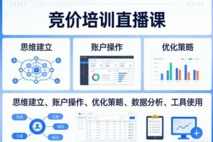竞价培训直播课，覆盖思维建立、账户操作、优化策略、数据分析、工具使用等，全方位提升效果