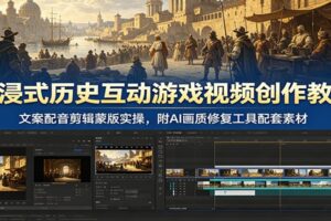 沉浸式历史互动游戏视频创作教学:文案配音剪辑蒙版实操,附AI画质修复工具配套素材