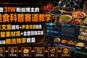 抖音31W粉丝博主的美食科普赛道教学,AI文案撰写+声音克隆配音+剪辑实操,解锁精选独家收益