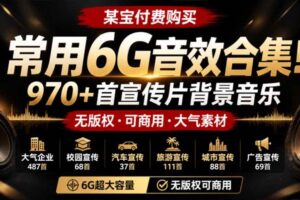（19764期）某宝付费购买，常用6G音效合集！970+首宣传片背景音乐，无版权可商用大气素材，分类清晰，高质量内容
