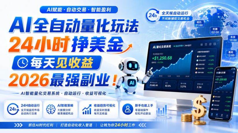 AI全自动量化玩法，24小时挣美金，每天见收益，2026最强副业！【揭秘】