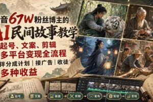 抖音67W粉丝博主的AI民间故事教学,从起号、文案、剪辑到多平台变现全流程,伙伴分成计划接广告等多种收益,月入1W+