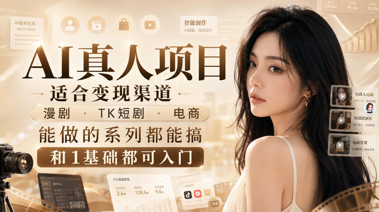 AI真人项目，适合变现渠道，漫剧，TK短剧，电商，能做的系列都能搞，0和1基础都可入门