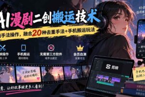 （20551期）AI漫剧二创搬运技术，纯手法操作，融合20种去重手法++手机搬运玩法
