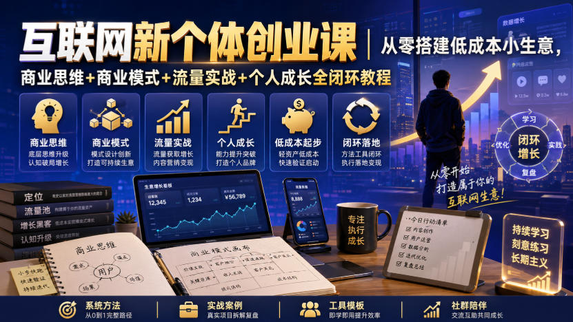 互联网新个体创业课｜从零搭建低成本小生意，商业思维+商业模式+流量实战+个人成长全闭环教程（更新0922）