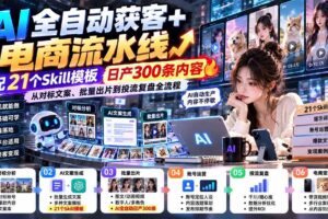 (20664期)AI全自动获客+电商流水线:配21个Skill模板,日产300条内容,从对标文案、批量出片到投流复盘全流程