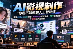(20681期)AI影视制作-你所不知道的人工智能课,掌握Midjourney绘图、Runway视频生成、GPT脚本创作与剪映成片全流程