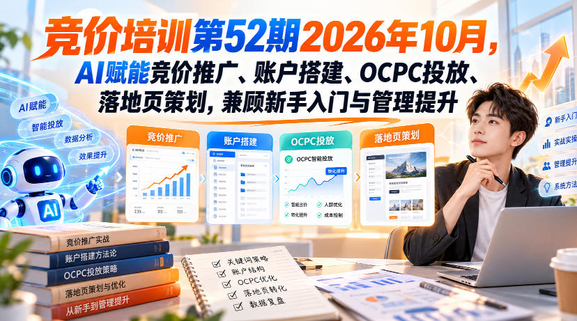 【无水印】竞价培训第52期2026年10月，AI赋能竞价推广、账户搭建、OCPC投放、落地页策划，兼顾新手入门与管理提升