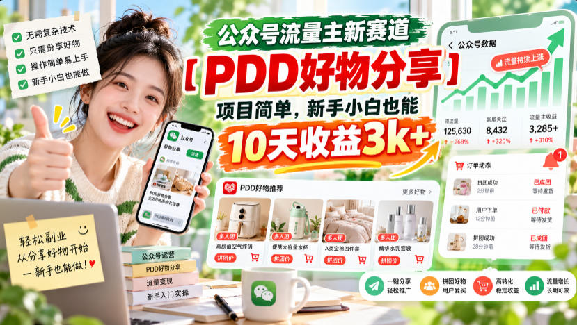 公众号流量主新赛道【PDD好物分享】,项目简单,新手小白也能10天收益3k+