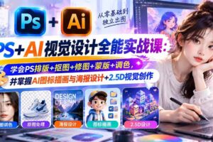 (20749期)【无水印】PS+AI视觉设计全能实战课:学会PS排版+抠图+修图+蒙版+调色,并掌握AI图标插画与海报设计+2.5D视觉创作