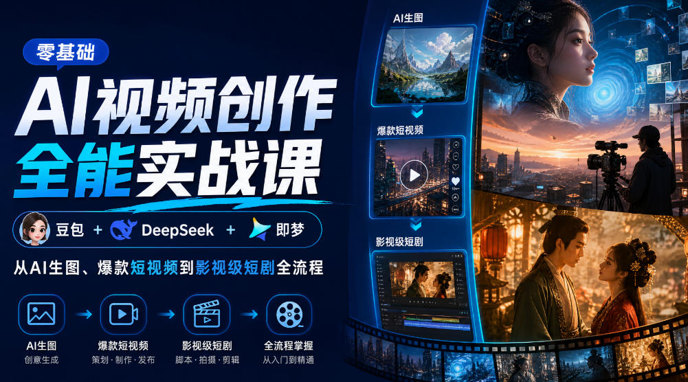 零基础AI视频创作全能实战课|豆包+DeepSeek+即梦,从AI生图、爆款短视频到影视级短剧全流程
