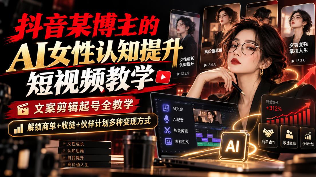 抖音某博主的Ai女性认知提升短视频教学，文案剪辑起号全教学，解锁商单+收徒+伙伴计划多种变现方式