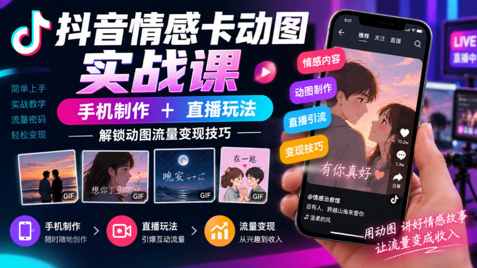抖音情感卡动图实战课｜手机制作+直播玩法，解锁动图流量变现技巧
