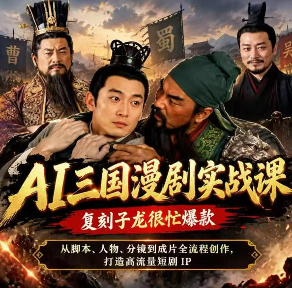 抖音14W粉博主同款AI三国漫剧实战课,复刻子龙很忙爆款,从脚本、人物、分镜到成片全流程创作,打造高流量短剧IP