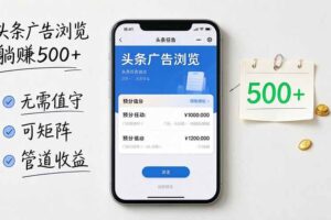 （20835期）头条广告浏览躺赚500+无需值守，可矩阵并附有管道收益