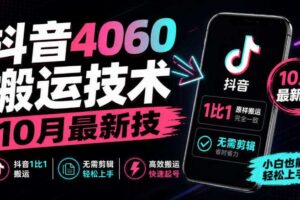 抖音4060搬运技术，10月最新技，抖音1比1搬运，无需剪辑