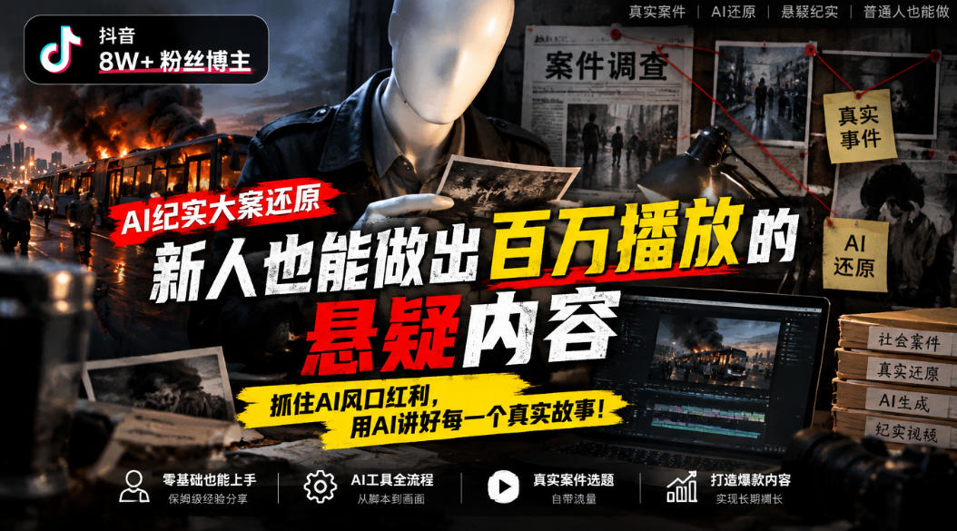 抖音8W粉丝博主的AI纪实大案还原教学，新人也能做出百W播放的悬疑内容，抓住AI风口红利，用AI讲好每一个真实故事