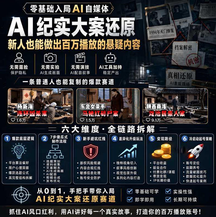 抖音8W粉丝博主的AI纪实大案还原教学，新人也能做出百W播放的悬疑内容，抓住AI风口红利，用AI讲好每一个真实故事