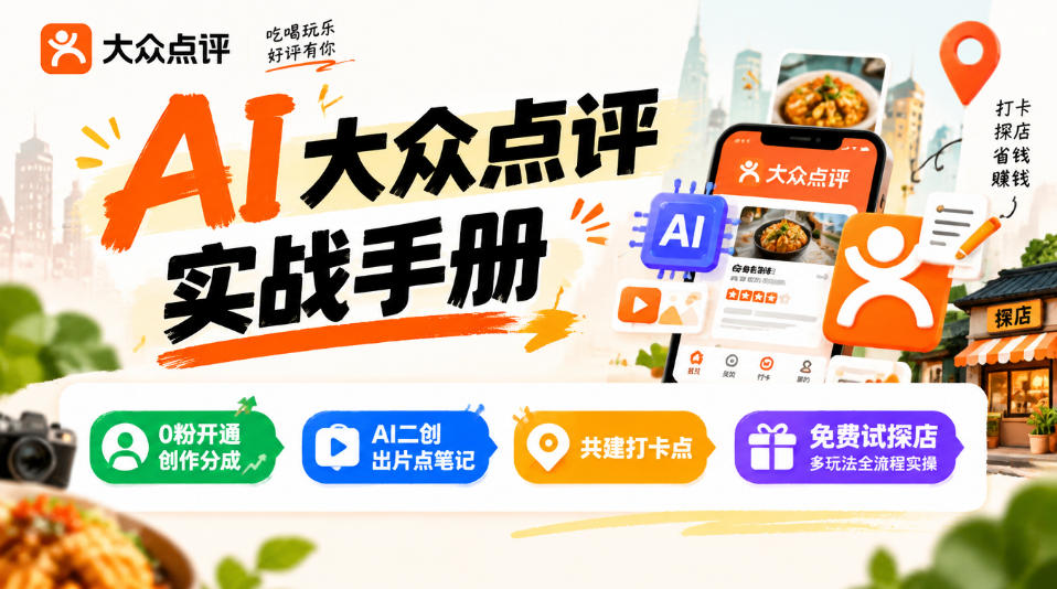 某局的AI大众点评实战手册，0粉开通创作分成、AI二创出片点笔记、共建打卡点、免费试探店多玩法全流程实操