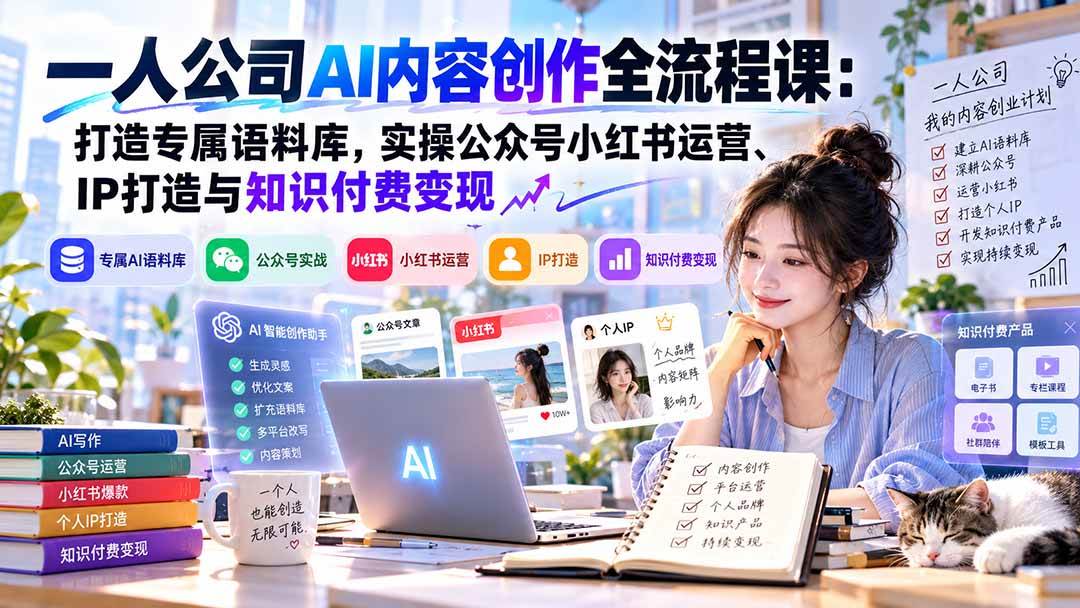 （20866期）一人公司AI内容创作全流程课：打造专属语料库，实操公众号小红书运营、IP打造与知识付费变现方法论